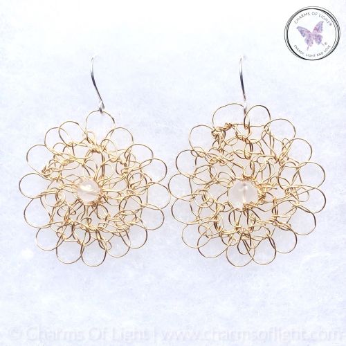Copper Wire Crochet Medallion Earrings With Clear Quartz (Yellow Gold)